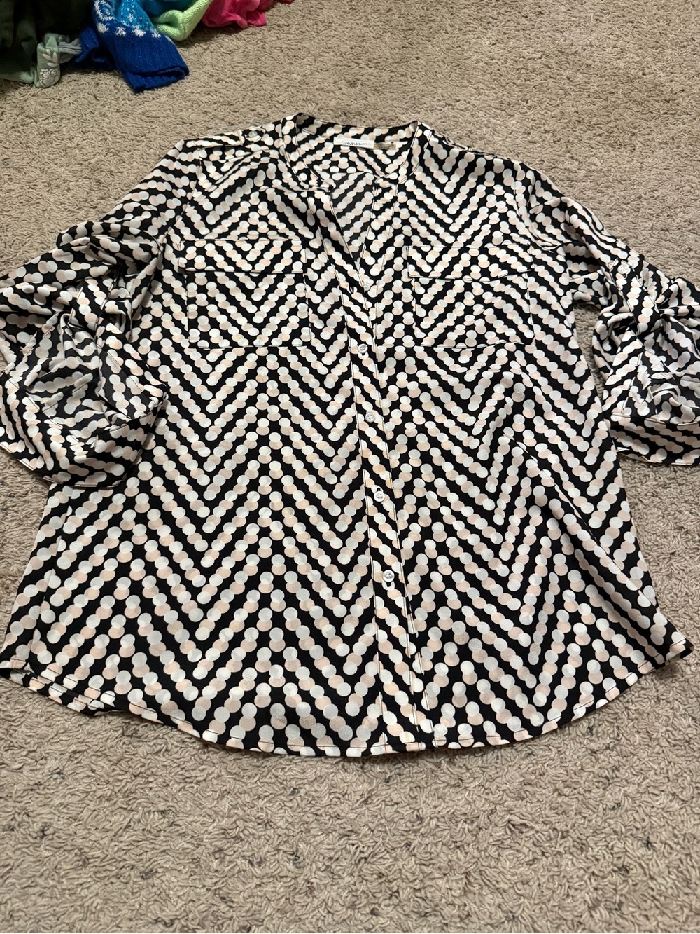 Calvin Klein Black and White Chevron Dot Button-Front Blouse